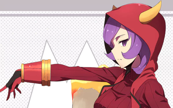 HD PC desktop wallpaper of Courtney (Pokémon) from the video game Pokémon: Omega Ruby and Alpha Sapphire — profile in a red Team Magma hood with purple hair and eyepatch.