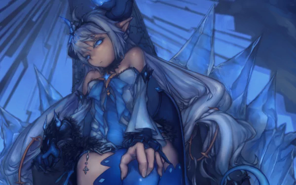A digital artwork featuring Lu from the video game Elsword, characterized by her long white hair, blue eyes, and animal ears. The image showcases a striking blue background and intricate details.