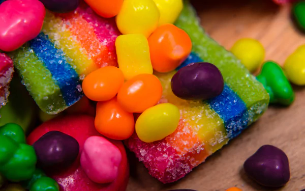 Food, candy 4K Ultra HD PC desktop wallpaper showing sugar-coated rainbow sour belts and bright jelly-bean candies scattered on a wooden surface.
