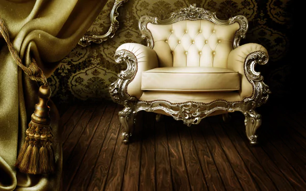 Luxurious upholstered chair with tufted back and ornate silver frame, set against a rich patterned backdrop and warm wooden flooring, creating an elegant interior design scene.