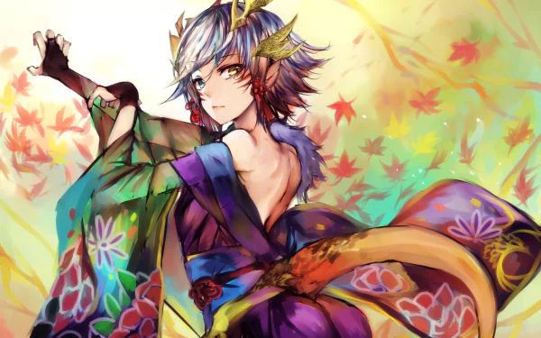 A vibrant anime character in colorful traditional attire poses against a backdrop of autumn leaves, capturing the essence of the Puzzle & Dragons universe. HD PC desktop wallpaper.