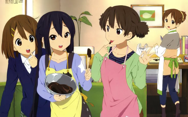 4K anime wallpaper of K-ON! characters Yui and Ui Hirasawa and Azusa Nakano in school uniforms and skirts, short brown hair and eyes, baking together in a cozy kitchen — artwork by Jun Suzuki.