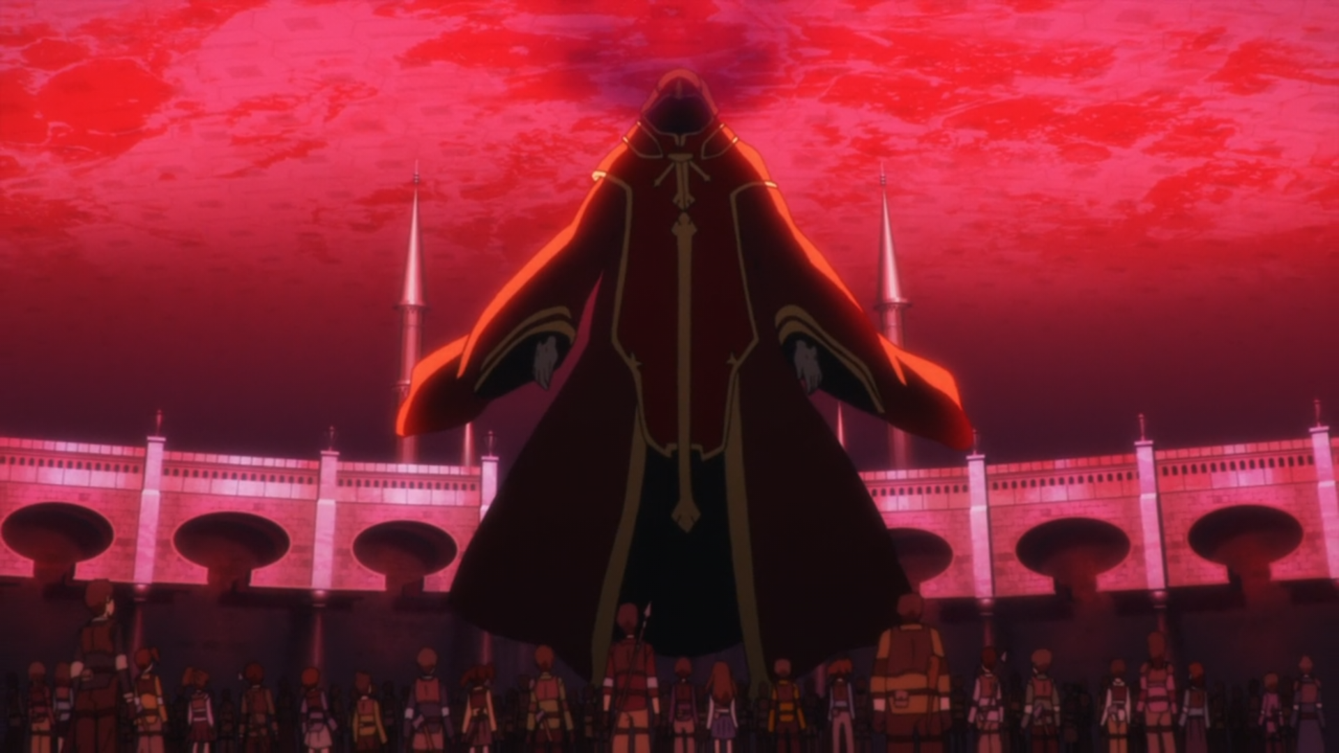 A dramatic scene featuring Heathcliff from Sword Art Online, surrounded by characters in a grand arena under a striking red sky. A captivating HD anime wallpaper.