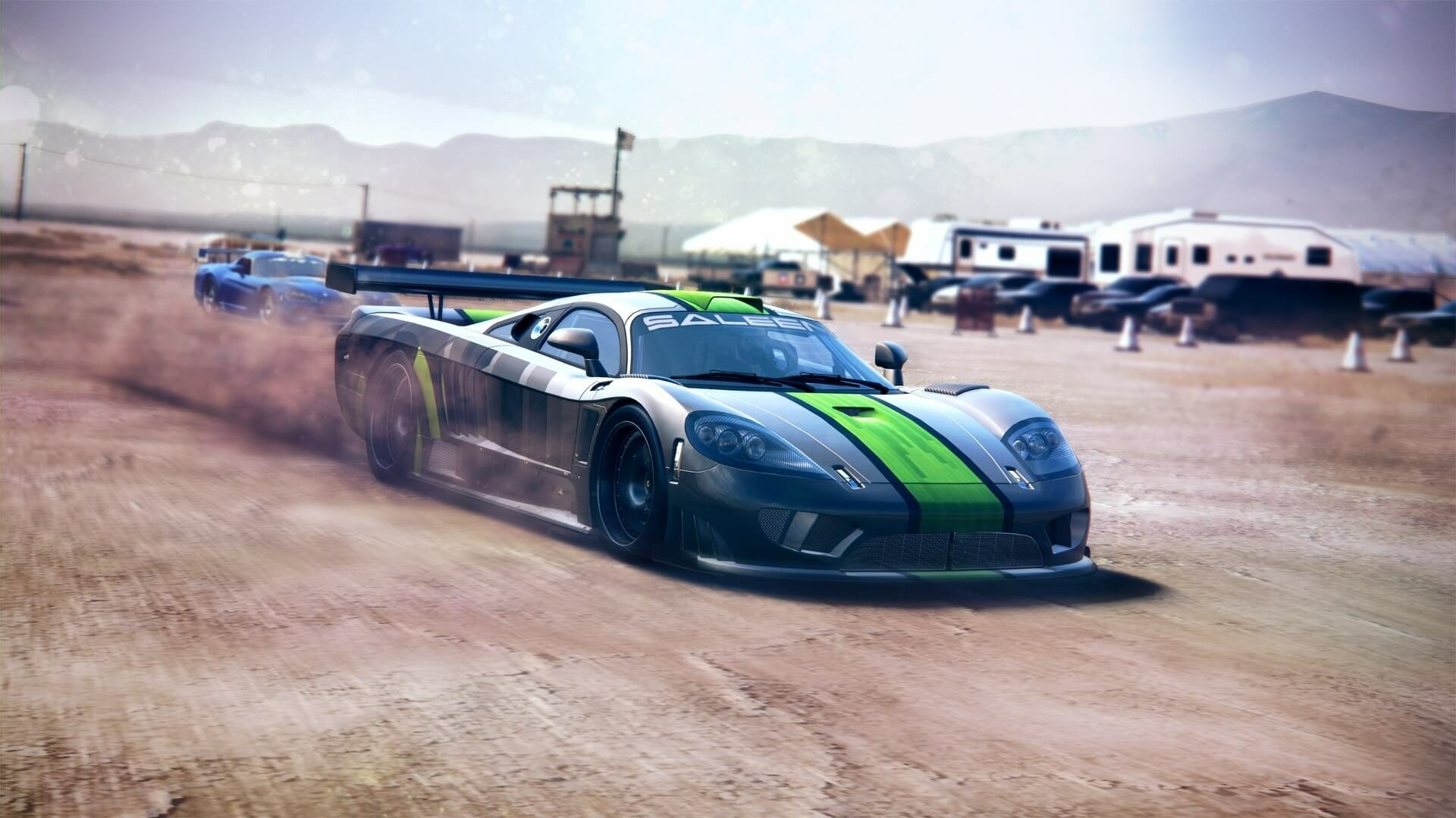 HD PC desktop wallpaper featuring a high-speed race car kicking up dust in a desert setting from the video game The Crew.