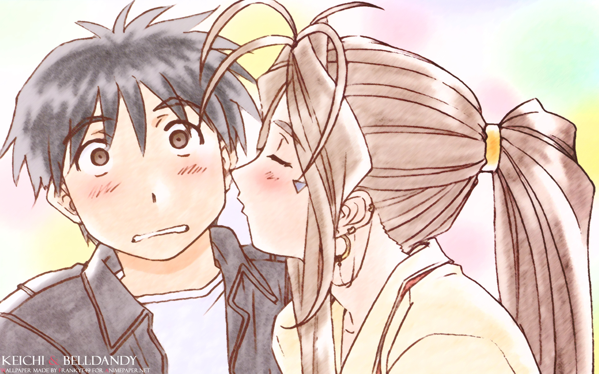 Anime Ah! My Goddess HD PC desktop wallpaper and background: a goddess tenderly kisses a surprised young man on the cheek against a soft pastel sky.