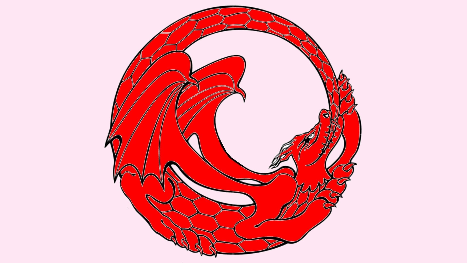 HD PC desktop wallpaper featuring a vibrant red fantasy ouroboros dragon, symbolizing eternal cyclic renewal in a sleek circular design.