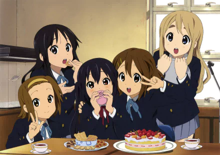 A vibrant HD wallpaper featuring the characters Azusa Nakano, Tsumugi Kotobuki, Ritsu Tainaka, Yui Hirasawa, and Mio Akiyama from the anime K-ON!, enjoying a fun moment together with treats.