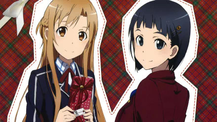 HD PC desktop wallpaper featuring Suguha Kirigaya and Asuna Yuuki from the anime Sword Art Online against a red plaid background.