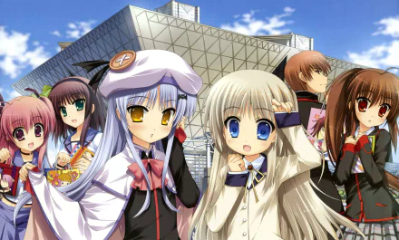 Anime Little Busters! characters in colorful outfits pose against a bright blue sky with clouds, designed as an HD PC desktop wallpaper and background.