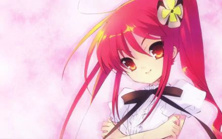 HD anime desktop wallpaper featuring Shana from Shakugan No Shana with vibrant red hair and a soft pink background.