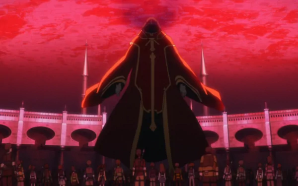 A dramatic scene featuring Heathcliff from Sword Art Online, surrounded by characters in a grand arena under a striking red sky. A captivating HD anime wallpaper.