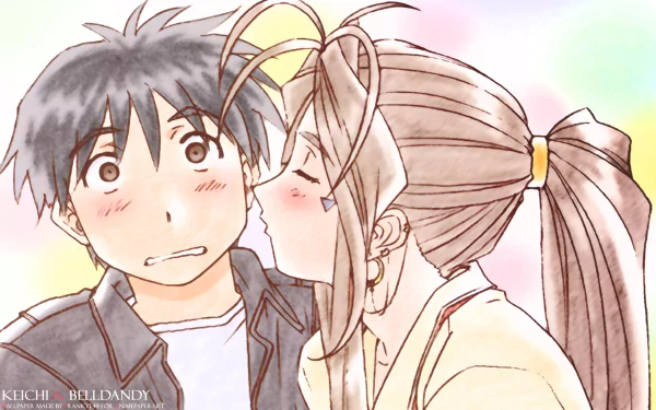 Anime Ah! My Goddess HD PC desktop wallpaper and background: a goddess tenderly kisses a surprised young man on the cheek against a soft pastel sky.