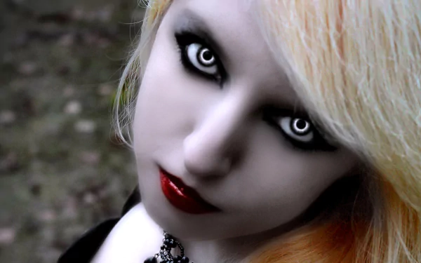 A haunting portrait of a dark vampire with striking white eyes and bold red lips, set against an eerie backdrop, creating a captivating HD desktop wallpaper.