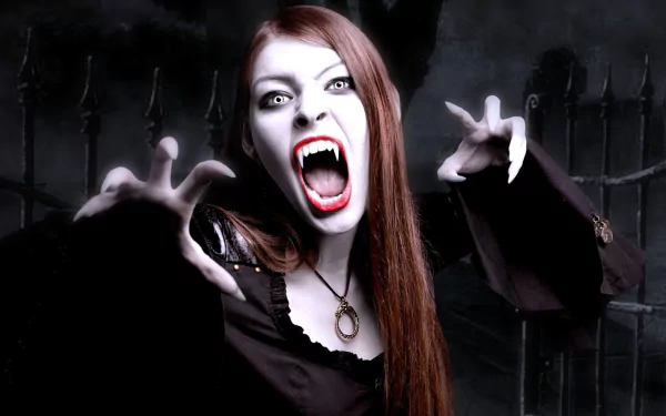 A striking HD wallpaper featuring a dark, vampire-themed figure with long hair and a dramatic expression, set against an eerie background with a gothic fence.