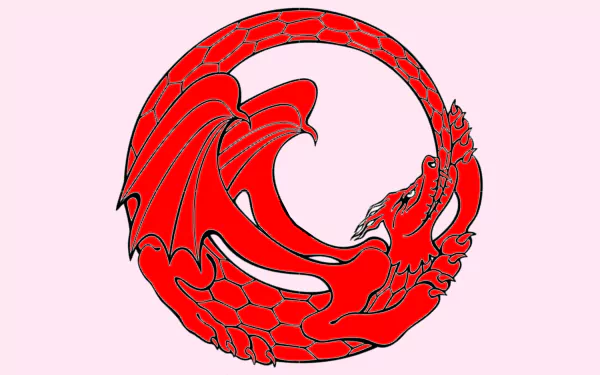 HD PC desktop wallpaper featuring a vibrant red fantasy ouroboros dragon, symbolizing eternal cyclic renewal in a sleek circular design.