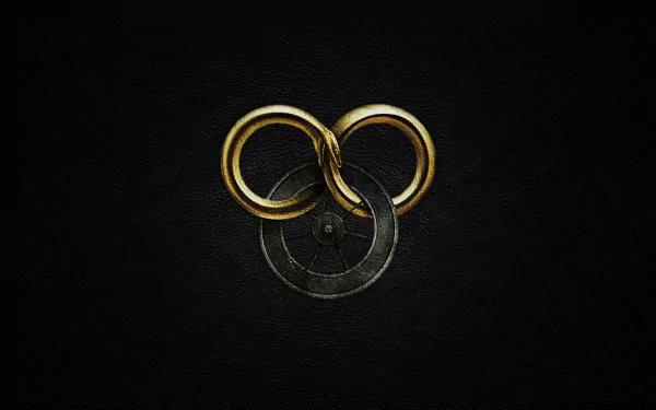 HD fantasy PC desktop wallpaper featuring a dark ouroboros symbol with two intertwined golden snakes forming an infinity loop on a black background.