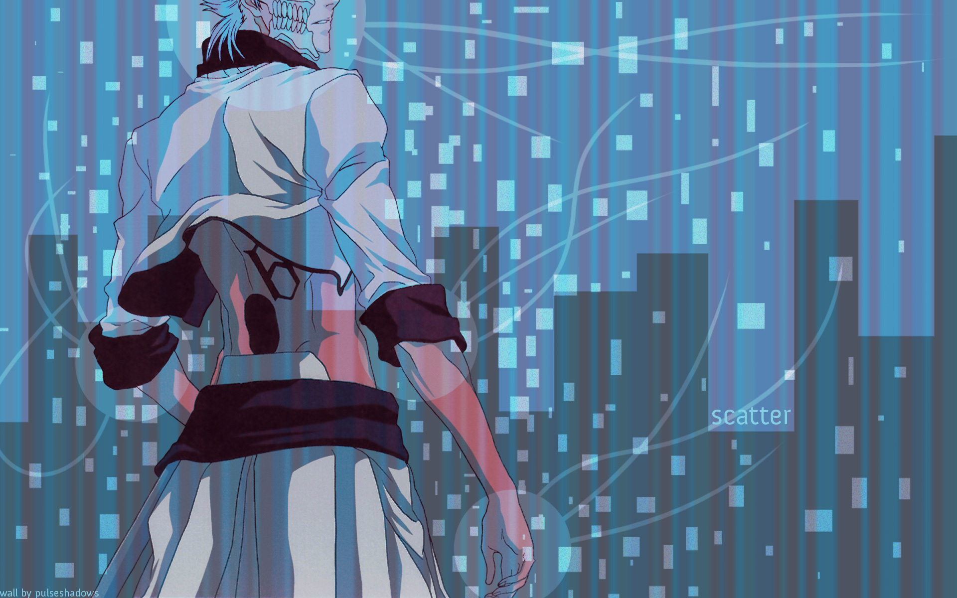 Anime HD PC desktop wallpaper of Grimmjow Jaegerjaquez (Bleach), shown from behind against a stylized blue, pixelated cityscape background.