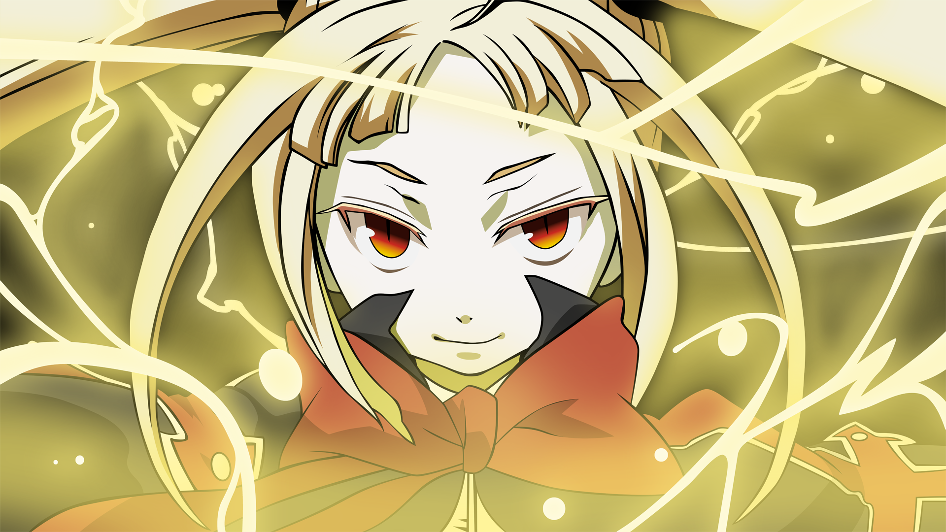 HD PC desktop wallpaper of an anime BlazBlue character: pale-haired figure with red eyes, black face markings and a red cloak, encircled by glowing yellow lightning.