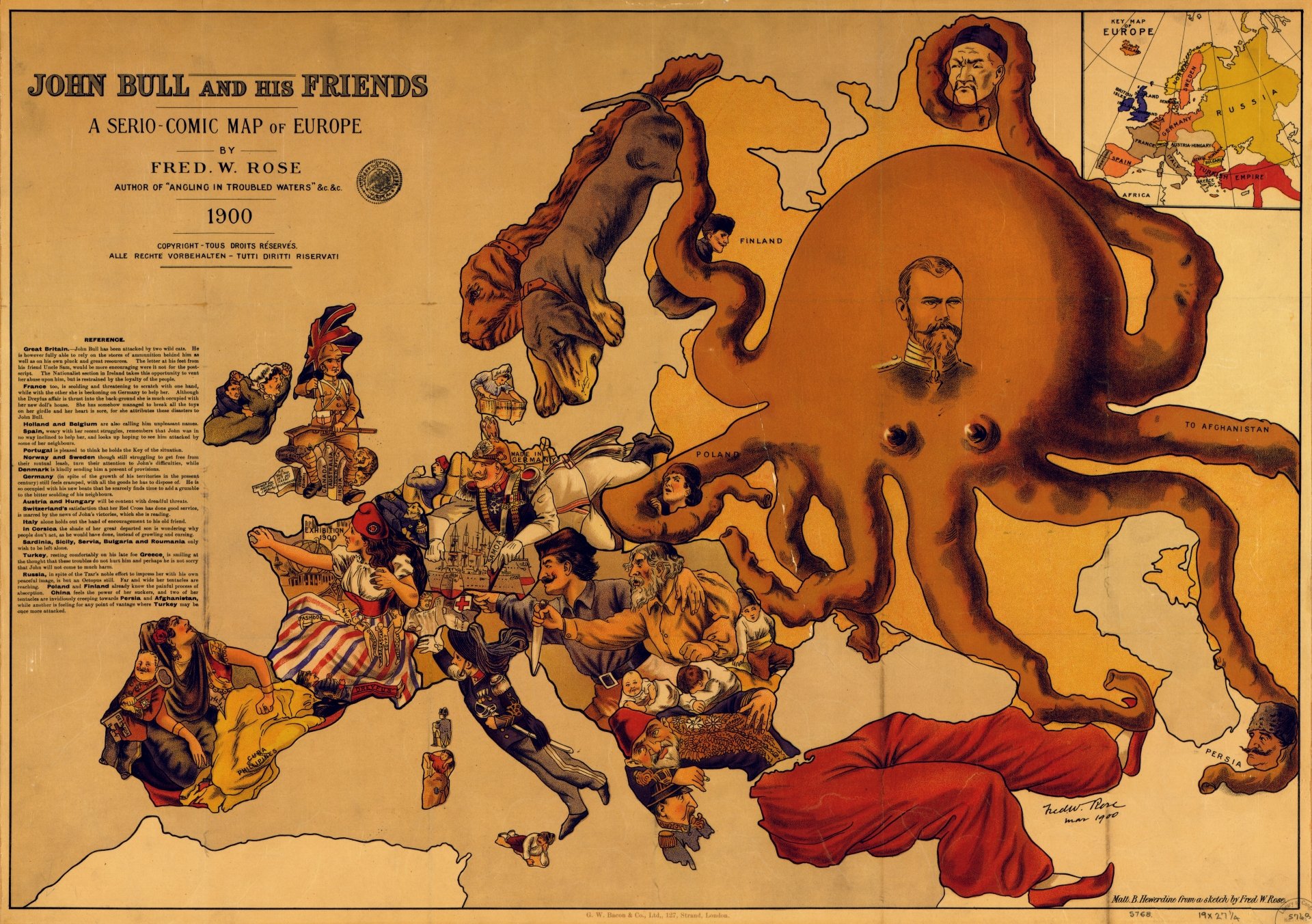 8K Ultra HD PC Desktop Wallpaper and Background: satirical vintage map of Europe featuring national caricatures and a giant octopus-like creature stretching across the continent.