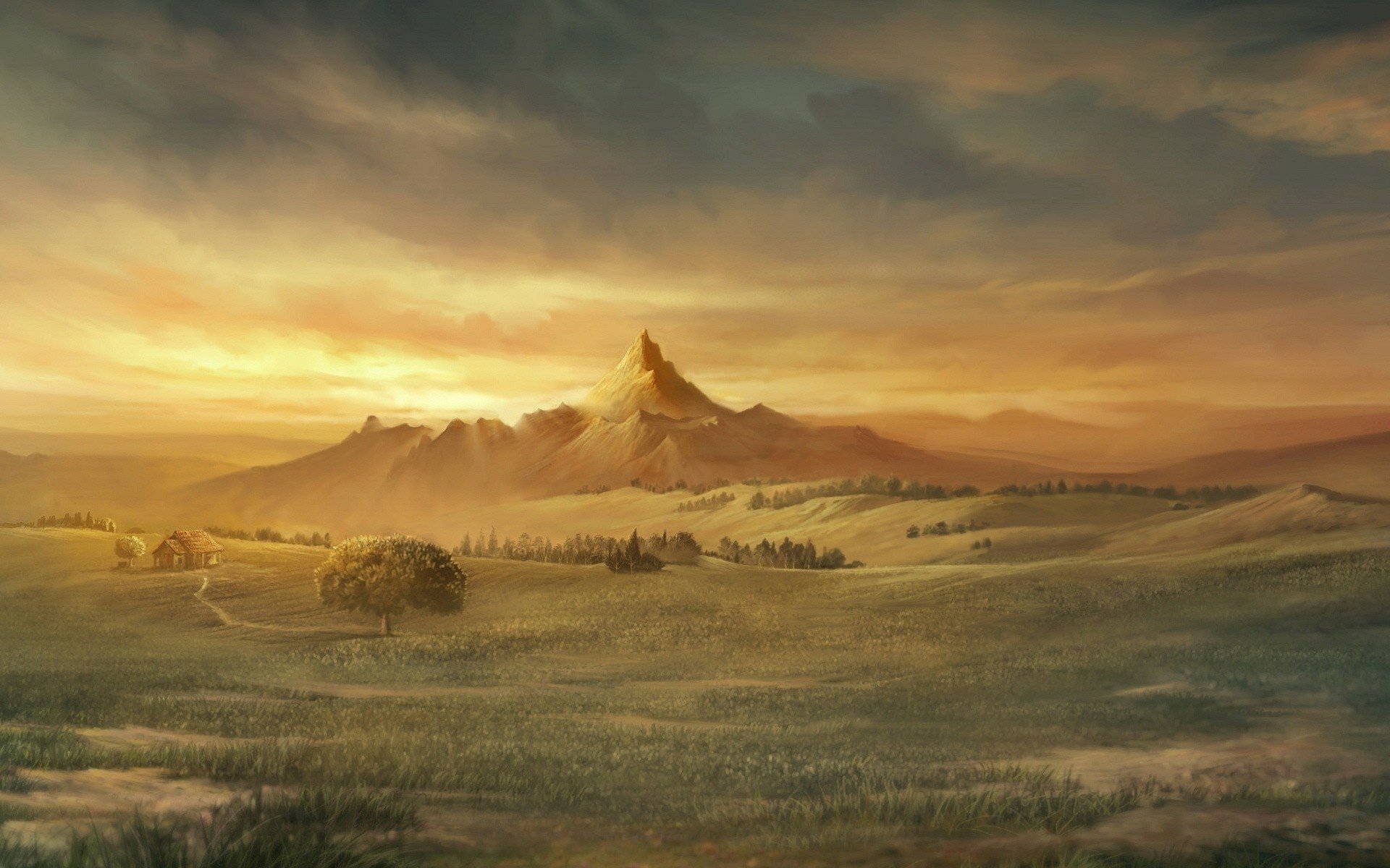 A serene anime landscape featuring a majestic mountain under a cloudy sky, surrounded by lush greenery, capturing the beauty of nature in a stunning HD wallpaper.