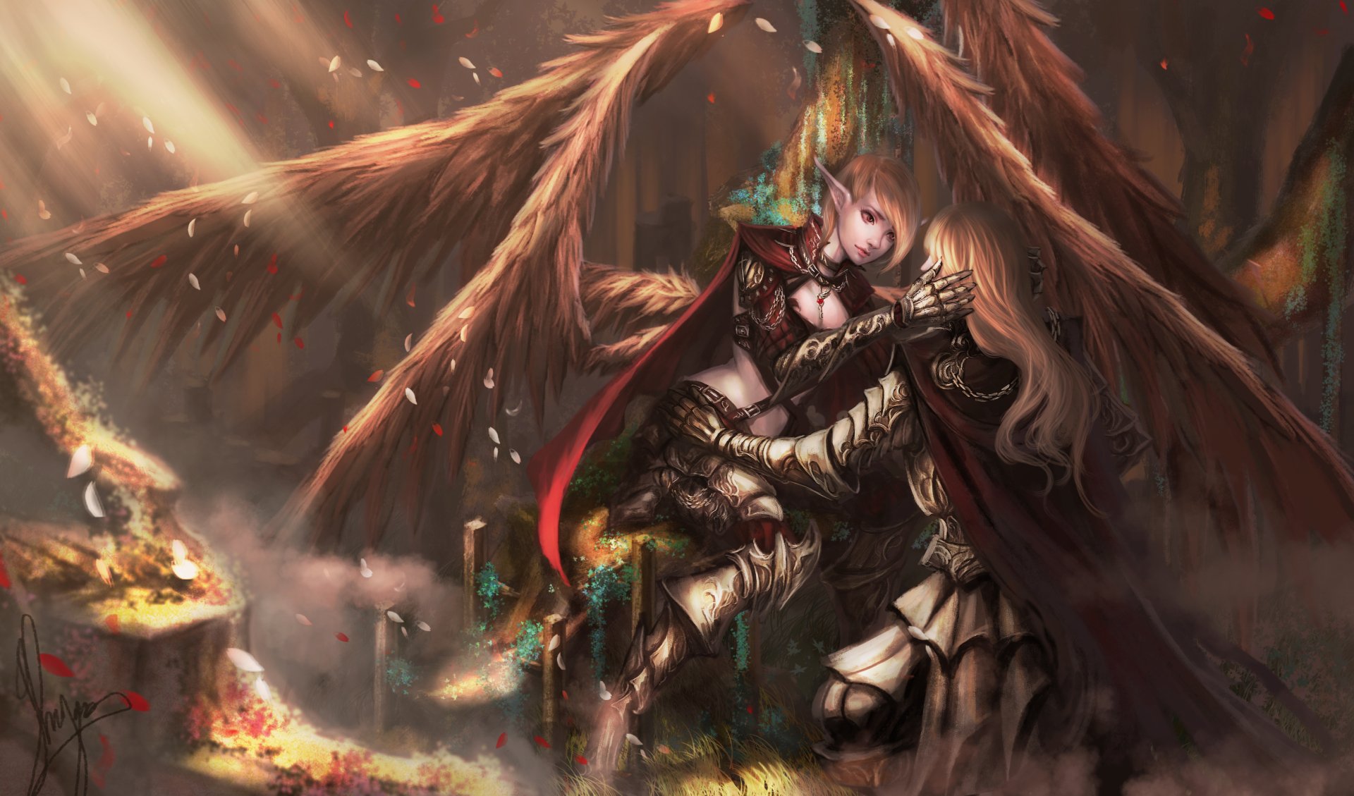 A fantasy HD desktop wallpaper depicting a winged angel clad in armor embracing with love amid a glowing, ethereal background.