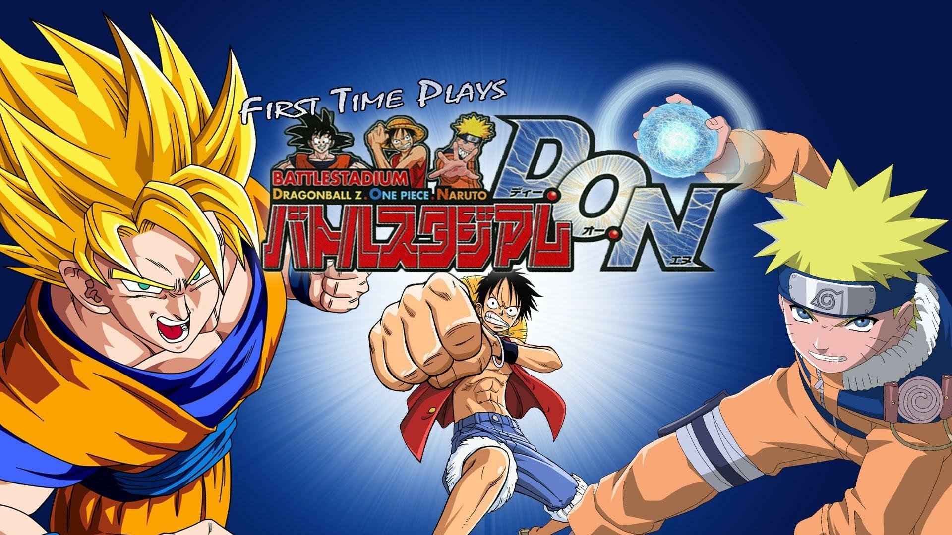 HD PC desktop wallpaper of Battle Stadium D.O.N. video game artwork featuring Goku, Monkey D. Dragon and Naruto Uzumaki with the game logo on a dynamic blue background