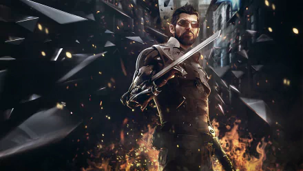 Adam Jensen stands confidently with a sword, set against a dynamic background of flames and shattered structures, embodying the intense atmosphere of Deus Ex: Mankind Divided.