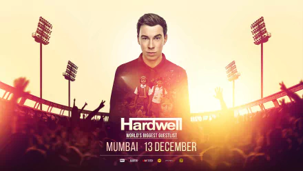 HD desktop wallpaper featuring Hardwell, with a vibrant background of a concert scene, announcing his event in Mumbai on 13 December.