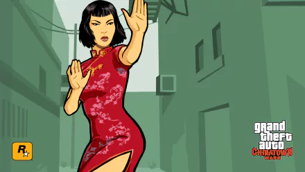 HD desktop wallpaper featuring a stylized female character in a red dress from the video game Grand Theft Auto: Chinatown Wars.