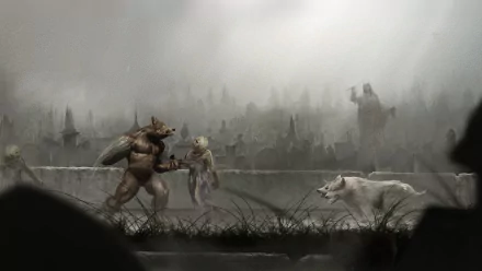 Altered Beast video game HD PC desktop wallpaper: two hulking were-beasts and a smaller creature confront a white wolf on a fog-shrouded ruined city bridge.