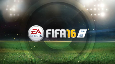 HD desktop wallpaper featuring the logo of EA Sports FIFA 16, set against a vibrant green soccer field background and illuminated by stadium lights.