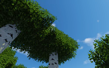 HD Minecraft PC wallpaper showing a clear blue sky and detailed birch trees with lush green leaves in a video game landscape.