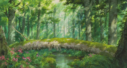 Lush forest scene with a moss-covered fallen tree over a small stream, vibrant greenery, and blooming flowers, inspired by the anime When Marnie Was There. HD PC wallpaper.