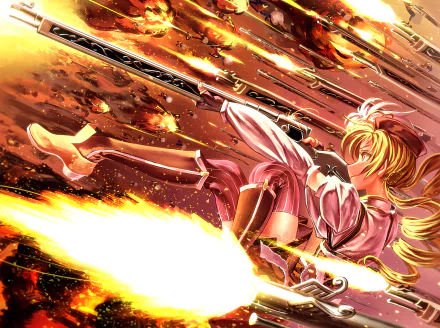 Mami Tomoe from *Puella Magi Madoka Magica* showcases dynamic action in this HD desktop wallpaper, with her wielding guns amidst a dramatic explosion background.