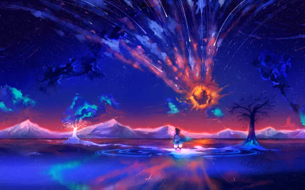 HD anime-style wallpaper depicting a mystical night scene with colorful auroras, explosive meteor impacts, and a lone figure by a reflective lake.