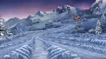 Archer (TV Show) 5K Ultra HD PC desktop wallpaper: snow-covered mountain pass at dusk, deep tire tracks leading to a lone lit cabin beneath a purple sky.