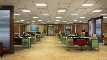 Archer (TV Show) 5K Ultra HD PC desktop wallpaper: retro open-plan office with rows of green desks, red swivel chairs, drop-ceiling lights and mid-century décor.