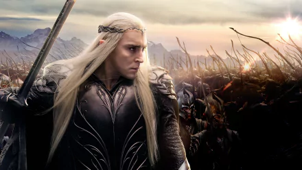 Stunning HD wallpaper from *The Hobbit: The Battle of the Five Armies*, featuring an elven warrior in armor, poised against a backdrop of a vast battle and dramatic skies.