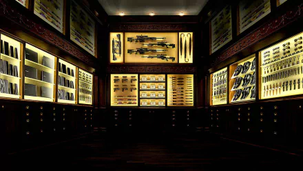 HD PC desktop wallpaper featuring an illuminated armory room filled with weapons from the movie Kingsman: The Secret Service.