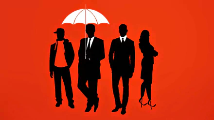HD PC desktop wallpaper featuring silhouetted characters from the movie Kingsman: The Secret Service against a bold red background.