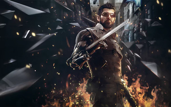 Adam Jensen stands confidently with a sword, set against a dynamic background of flames and shattered structures, embodying the intense atmosphere of Deus Ex: Mankind Divided.