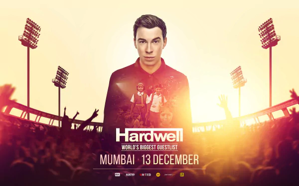HD desktop wallpaper featuring Hardwell, with a vibrant background of a concert scene, announcing his event in Mumbai on 13 December.