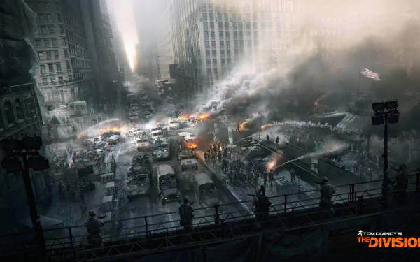 An HD desktop wallpaper from Tom Clancy's The Division, showcasing a chaotic urban landscape filled with smoke, vehicles, and a crowd amidst a post-apocalyptic setting.