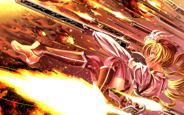 Mami Tomoe from *Puella Magi Madoka Magica* showcases dynamic action in this HD desktop wallpaper, with her wielding guns amidst a dramatic explosion background.