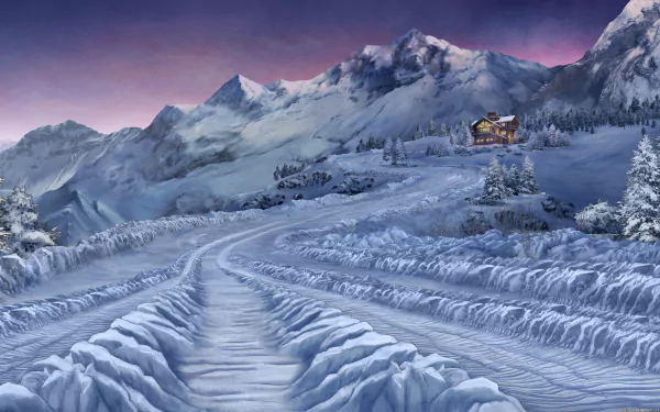 Archer (TV Show) 5K Ultra HD PC desktop wallpaper: snow-covered mountain pass at dusk, deep tire tracks leading to a lone lit cabin beneath a purple sky.