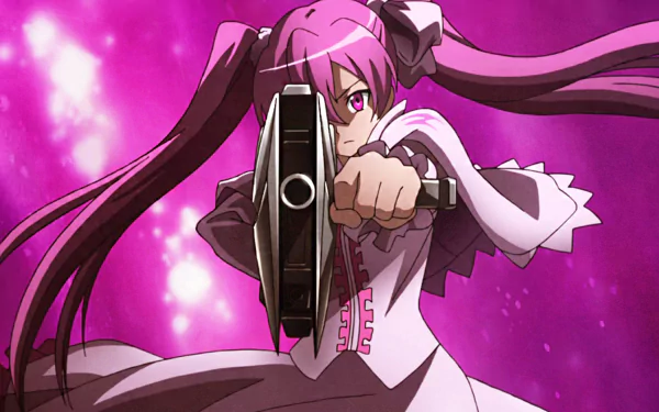 A HD wallpaper featuring Mine from Akame Ga Kill! in a pink dress, with pink hair and eyes, wielding a gun. Her long hair is styled in twintails against a vibrant pink background.