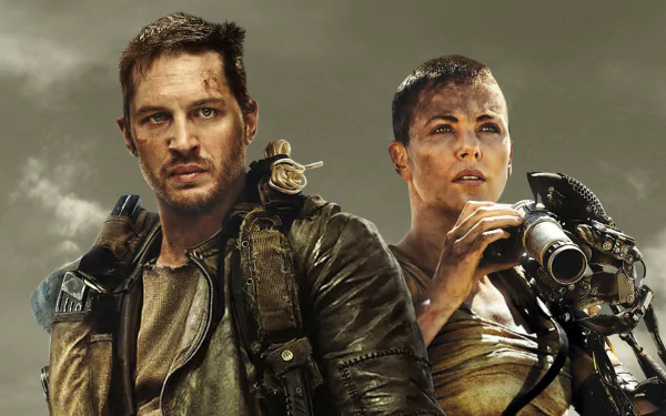 Max Rockatansky and Imperator Furiosa stand together in a dynamic scene from *Mad Max: Fury Road*, capturing the gritty essence of the film in this HD wallpaper.