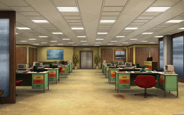 Archer (TV Show) 5K Ultra HD PC desktop wallpaper: retro open-plan office with rows of green desks, red swivel chairs, drop-ceiling lights and mid-century décor.