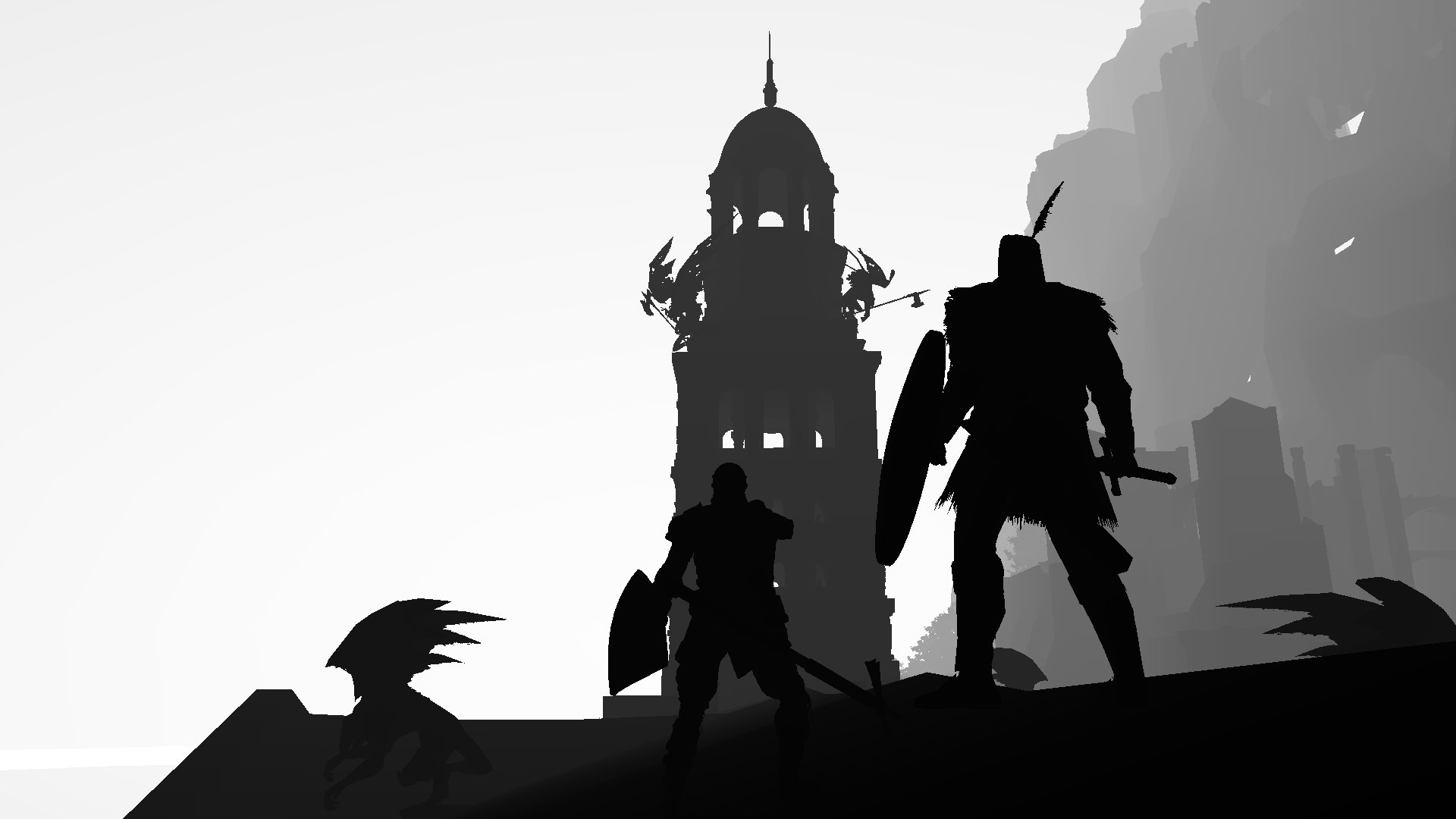 A striking HD wallpaper inspired by Dark Souls, featuring dark silhouette figures against a minimalist backdrop of a towering structure, evoking a sense of mystery and adventure.