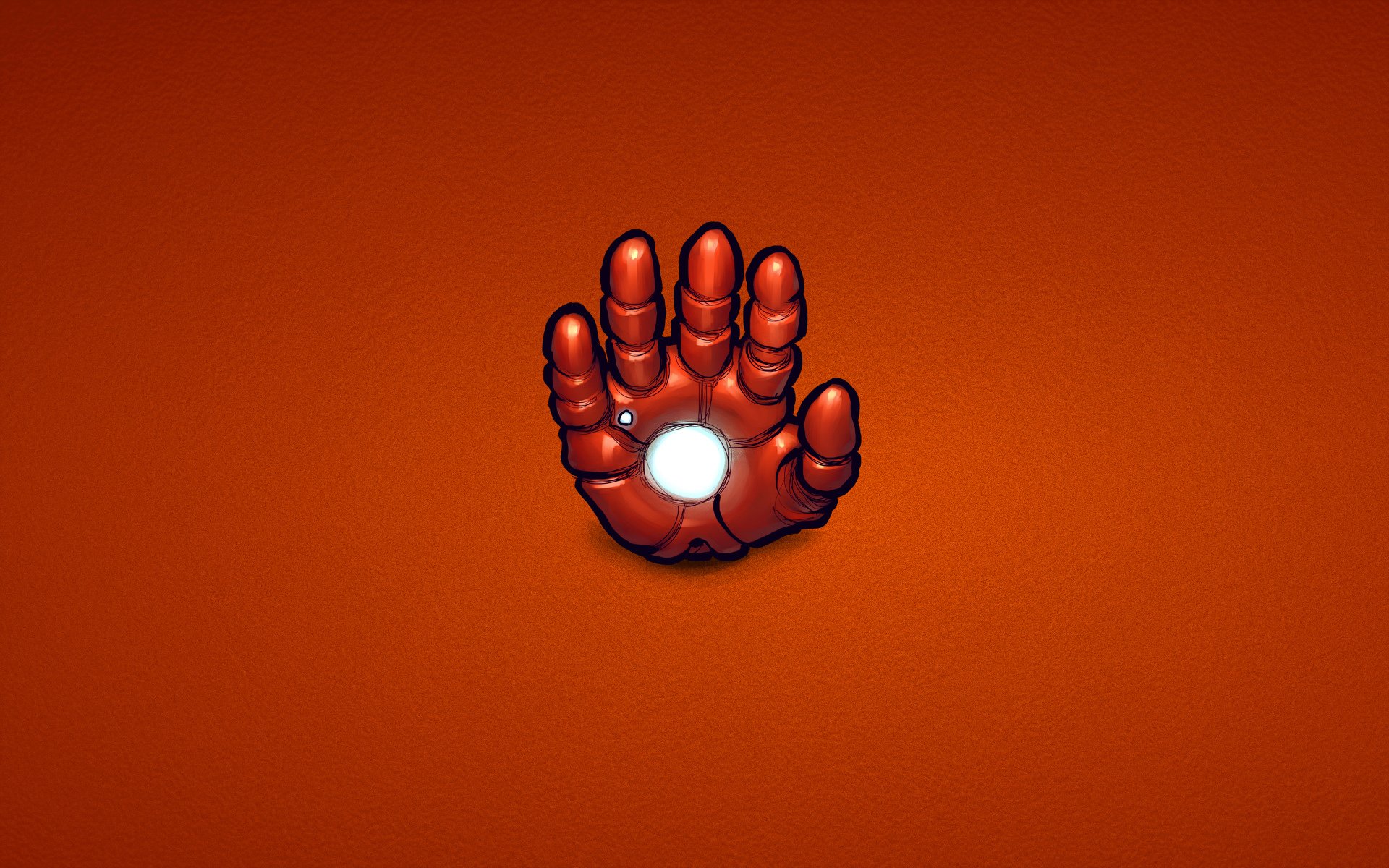 HD PC desktop wallpaper featuring a comic-style Iron Man hand with a glowing palm repulsor on a vibrant red background, inspired by 2NE1 aesthetics.